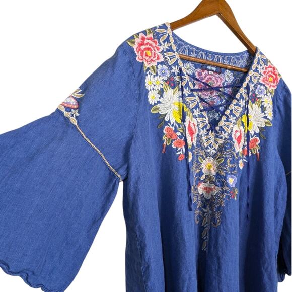 Johnny Was Kitti Dress XL 100% Linen Chambray Floral Embroidered Lace Up Bell Sl - Picture 4 of 11